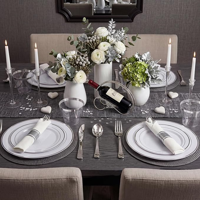 WDF Partyware 350Piece Silver Plastic Dinnerware Set for 50 Guests - Silver Plastic Plates with Cutlery Include:50Dinner Plates-50Dessert Plates-50Pre Rolled Napkins with Silverware Party Wedding