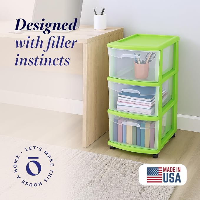 HOMZ Drawer Tower, 3-Tier Clear Plastic Storage Organizer Cart, Bold Lime Frame - Rolling Drawer Containers with Wheels for Bathroom, Bedroom, Office, and Classroom Organization