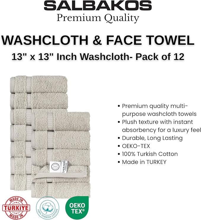 SALBAKOS 12-Piece 100% Turkish Cotton Washcloths and Face Towels, Stone | 13x13 in Standard Size Small Towel, Multi-use Bathroom & Kitchen, Thick Super Soft Absorbent Durable, Oeko-Tex Made in Turkey