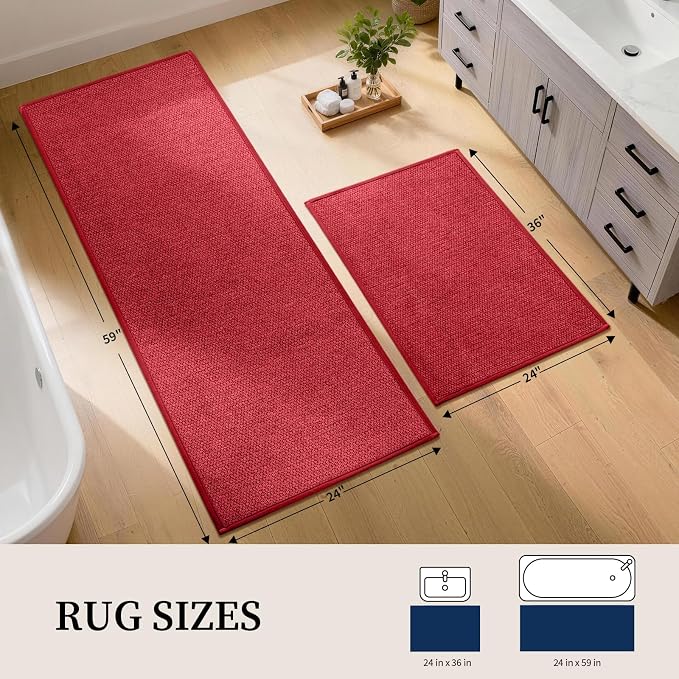 YIHOUSE Long Large Bathroom Rugs Sets 2 Piece, Quick Dry Thin Bath Mat, Non Slip Absorbent Machine Washable, Bath Runner Rug for Tub Sink Home Decor (24"x36" + 24"x59",Red)