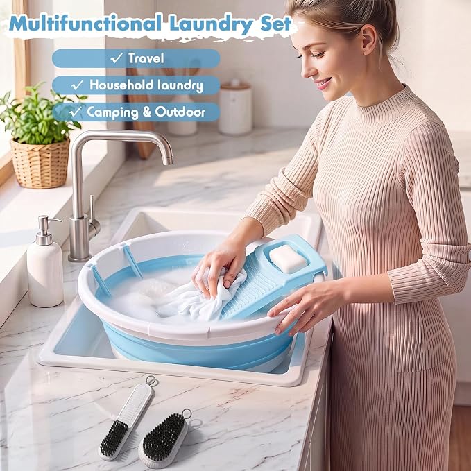 Lounsweer Large Collapsible Washboard Basin for Hand Washing Clothes with 2 Cleaning Brushes Portable Folding Laundry Tub with Non-Slip Washtub for Home Travel Camping (Blue)