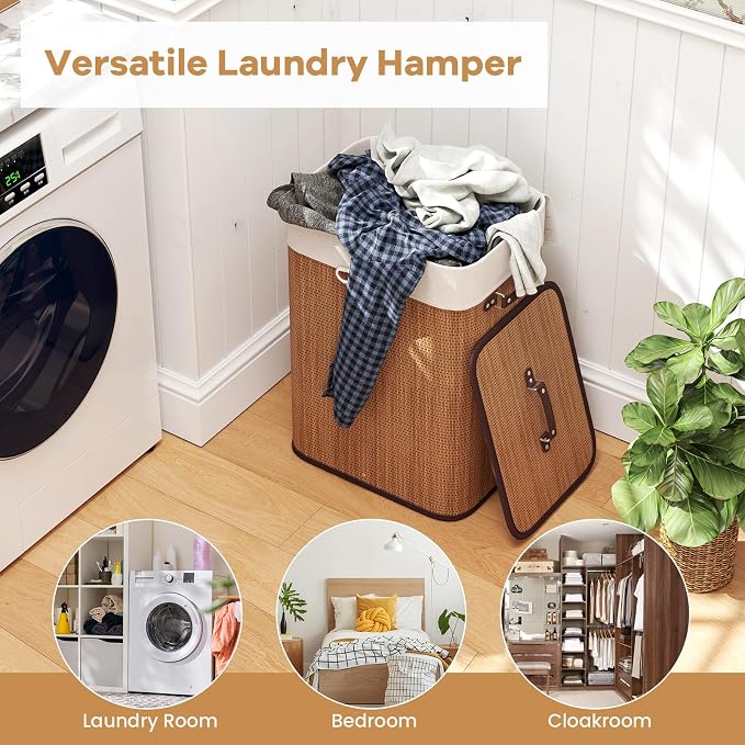 Giantex Bamboo Laundry Hamper with Lid Removable Liner & Handles | 72L Large & Tall Clothes Hamper, Rectangular Laundry Basket for Small Spaces, Laundry Room, Bedroom, Bamboo