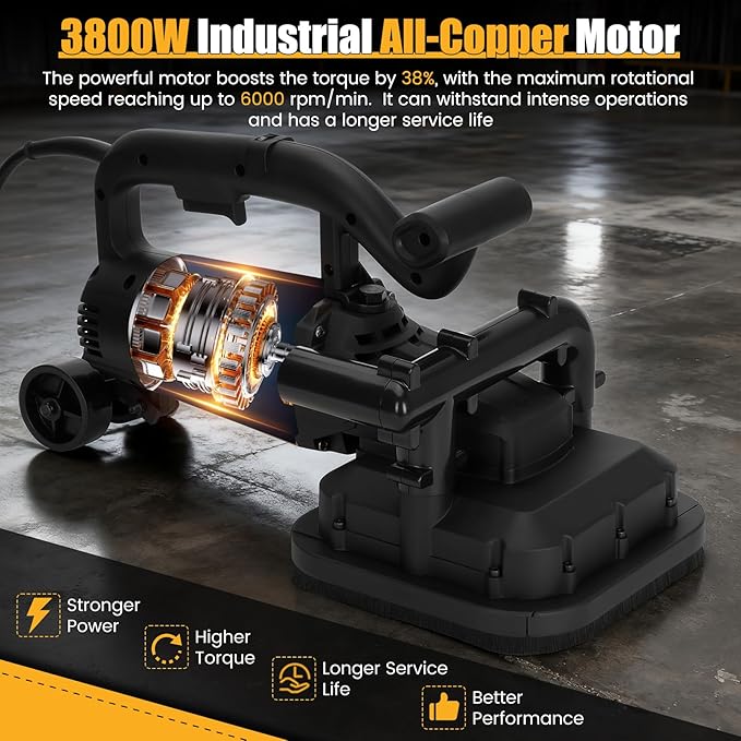 4-Head Concrete Floor Grinder Set, 3800W Concrete Grinder with 6-Speed Control, 6000 RPM Ergonomic Handle & Dust Collection Cover - Ideal for Surface Preparation, Cement, Marble Floors & Surfaces