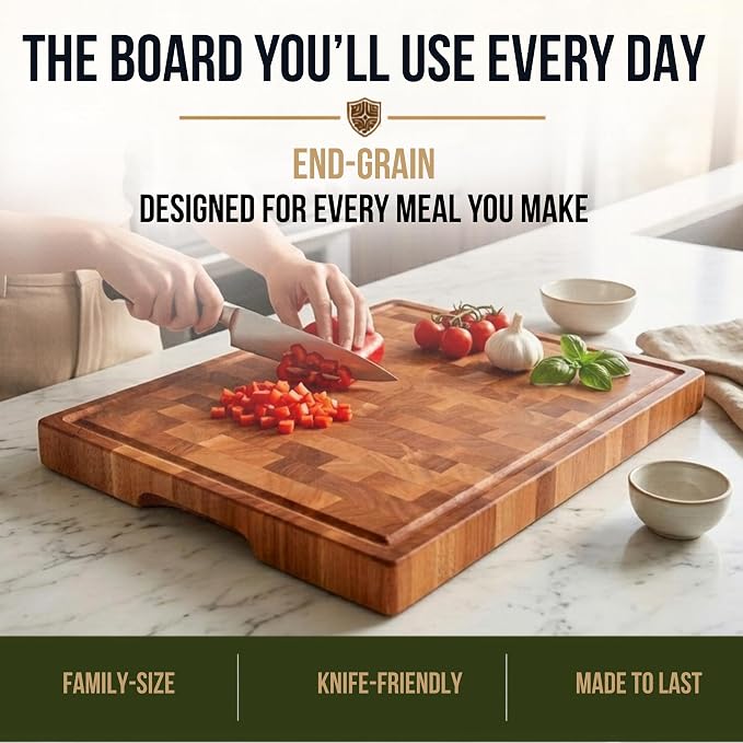 SHUMARU Mahogany End Grain Cutting Board, 17×13×1.6 in – Handmade Butcher Block, Knife-Friendly, Juice Groove, Non-Slip Feet