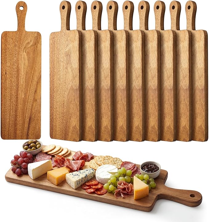 Nuenen 10 Pcs Wood Cutting Board with Handle 16.1 x 4.7 Inch Acacia Bamboo Wooden Serving Kitchen Chopping Boards for Pizza, Bread, Cheese, Charcuterie, Fruit, Vegetables(Narrow Acacia)