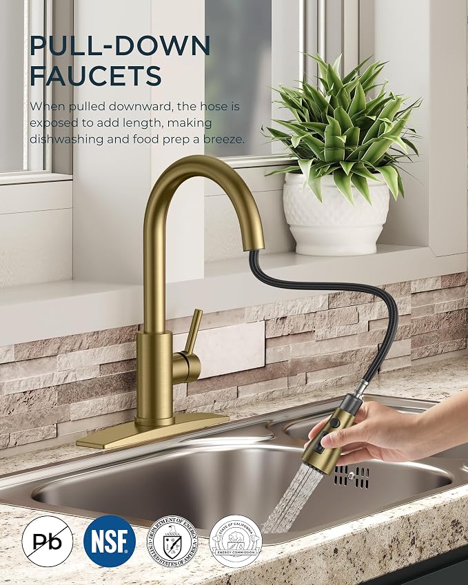 FORIOUS Gold Kitchen Faucet with Pull Down Sprayer, Bar High Arc Single Handle Traditional 3 Modes Stainless Steel Faucet for Kitchen Sink Farmhouse RV Laundry Camper