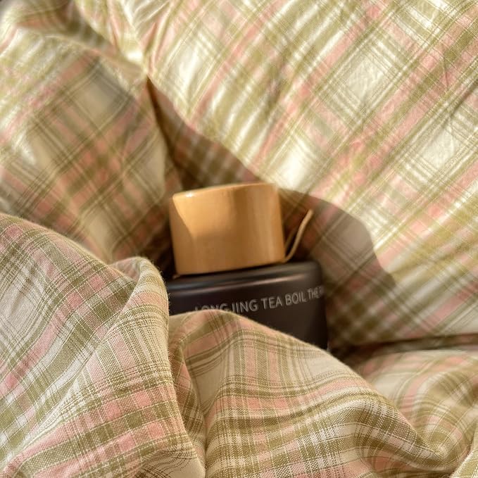 mixinni Full Size Duvet Cover Set - 3 Piece Washed Cotton Vintage Geometric Plaid Bedding Set with Zipper Closure, Soft & Breathable Green Pink White Buffalo Check Pattern for All Seasons