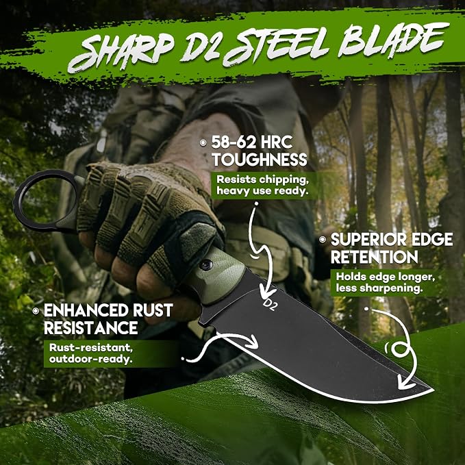 Purple Dragon Fixed Blade Knife with Kydex Sheath -Survival Knife Green | Forged from a Single Piece of D2 Steel, Full Tang G10 Handle, Gift Box, for Outoor Camping