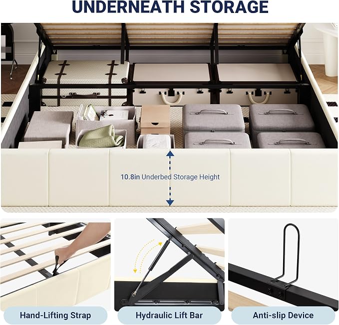 Allewie King Size Velvet Lift Up Hydrualic Storage Bed Frame, Cream | Vertical Channel Tufted Headboard, Hydrualic Underneath Storage, Upholstered Platform Bed, No Box Spring Needed