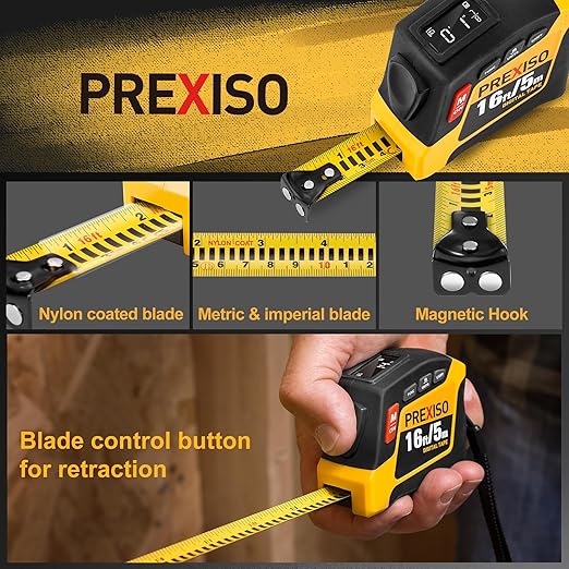 PREXISO 2-in-1 Digital Tape Measure - 16Ft Rechargeable Measuring Tape Ft/Ft+in/in/M/CM/MM - Metric & Inches Retractable Measurement Tape Tool with Auto Lock & Magnetic Tip - Pythagorean, Area, Volume