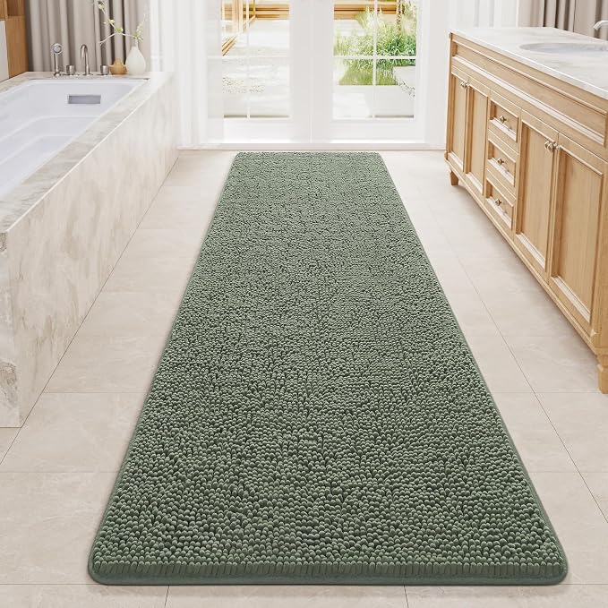 LOCHAS Luxury Bathroom Rug Shaggy Bath Mat 24 x 80 Inch, Sage Green | Washable Non Slip Bath Rugs for Bathroom Shower, Soft Plush Chenille Absorbent Carpets