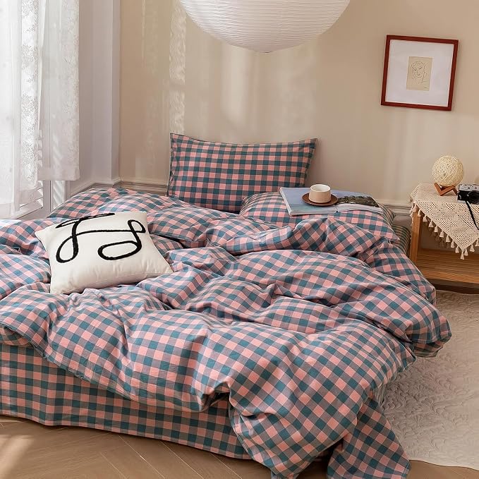 mixinni Pink Blue Purple Checkered Duvet Cover Set - Full Size, 3-Piece 100% Cotton Bedding Set, Soft & Breathable Geometric Plaid with Zipper Closure, Reversible Comforter Cover for All Seasons