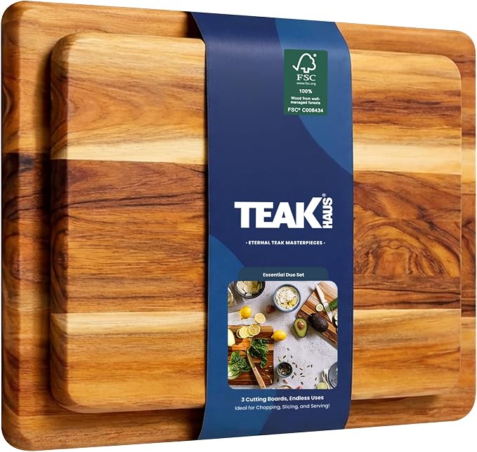 Teakhaus Teak Wood Cutting Board Set of 2 - Small and Large Teak Cutting Boards - Holiday Gift Ideas for Men and Women - Gift-Ready, Reversible, Edge Grain, Knife Friendly - FSC Certified