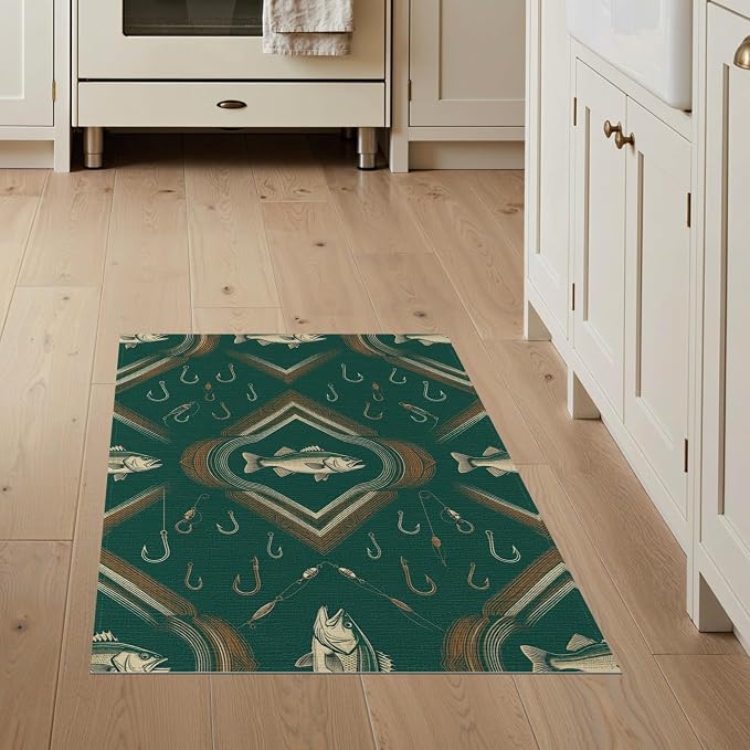3'x5' Washable Area Rug Vintage Bass Tackle Symmetry Lure Motif Border Angler Fish Fishing Refined for Home Office, Hallway, Laundry Room, Non-Slip Chair-Friendly