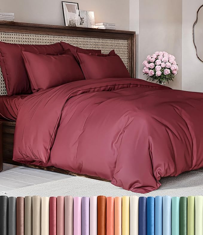 Duvet Cover Queen Size Set - Extra Soft Queen Duvet Cover 90" x 90" with 2 Pillow Shams for Women, Men, Kids & Teens - Hotel Luxury, Easy-Care w/ Zipper Closures & Ties - Comfy & Breathable (Burgundy)