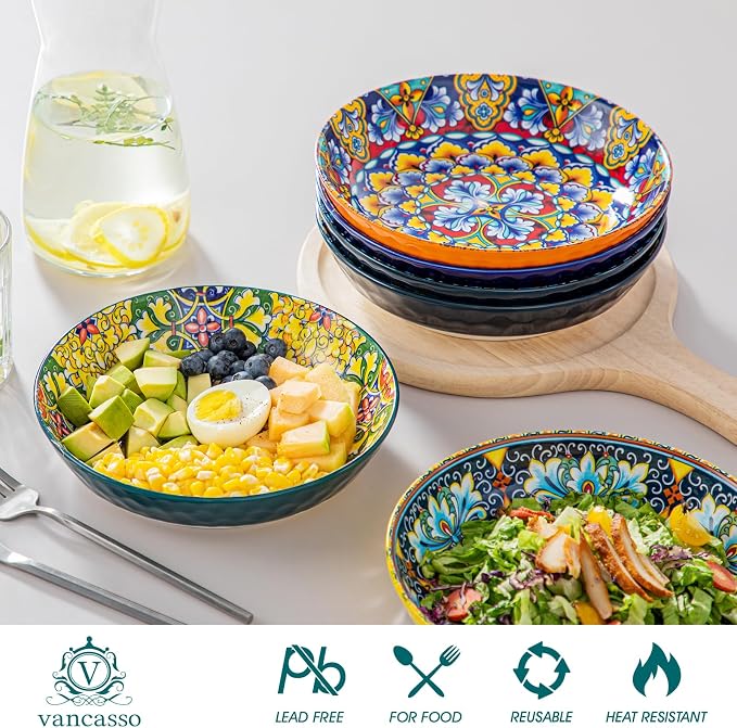 vancasso 32 Oz Pasta Bowls Sets of 6, Ceramic Large Colorful Salad Serving Bowls for Kitchen, Dishwasher & Microwave Safe, Soup Pasta Plates