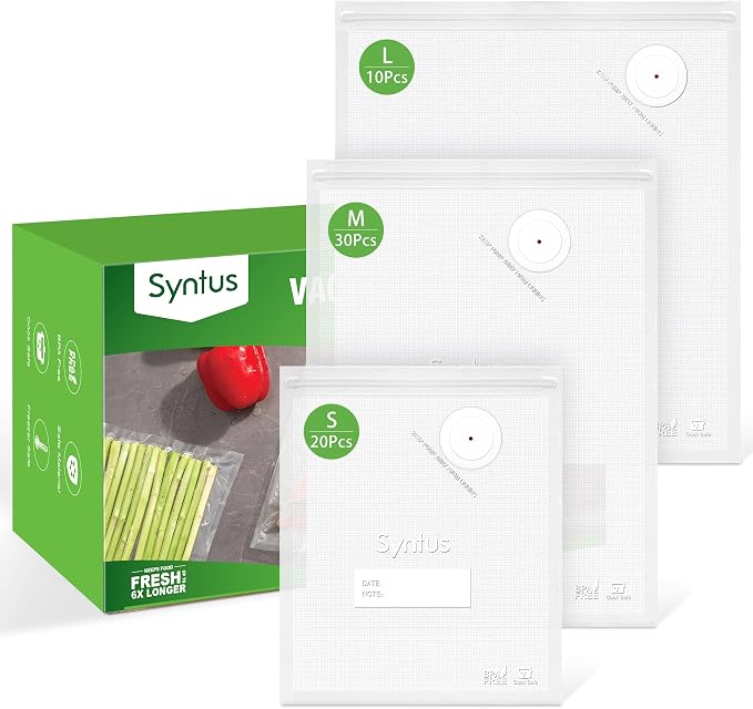 Syntus 60 Pcs Reusable Vacuum Sealer Bags for Food, S+M+L | 8x10+10x13.8+11.8x13.8, Upgraded Air Valve, Microwave Freezer Sous Vide, Food Storage, Leak-Proof, for Compact Vacuum Sealer
