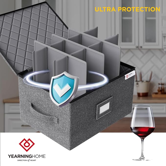 Wine Glass Storage Box with Dividers,Hard Shell and Stackable Stemware Storage Containers with Sturdy Handle for Glassware Crystal Storage and Transport,Grey,Holds 12