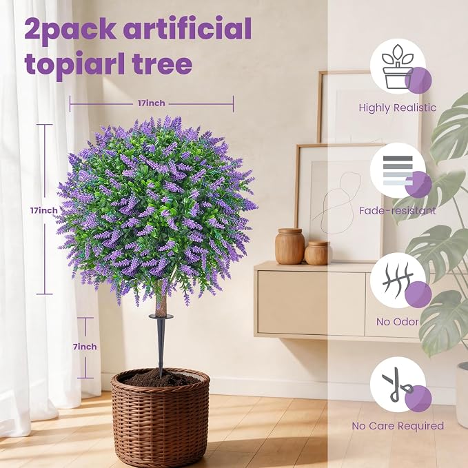 Artificial Lavender Ball Topiary Trees, 4 Pack | Ground Spike, No-Fade UV Resistant, Round Fake Plants, Outdoor Garden Yard Patio Decor