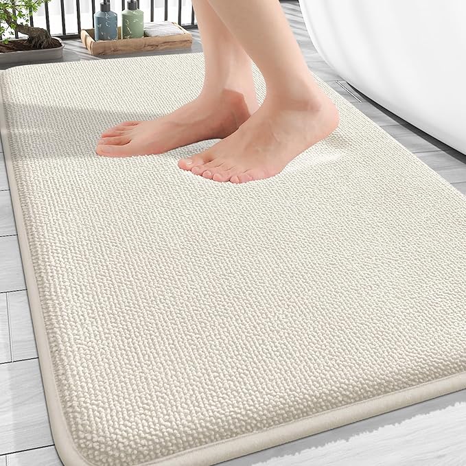 OLANLY Thick Memory Foam Bathroom Rugs 34x21, Absorbent Bath Mat, Ivory | Soft Quick Dry Bath Rugs Mats, Non-Slip, Machine Washable Carpet for Bathroom Floor, Tub and Shower, Home Decor Accessories