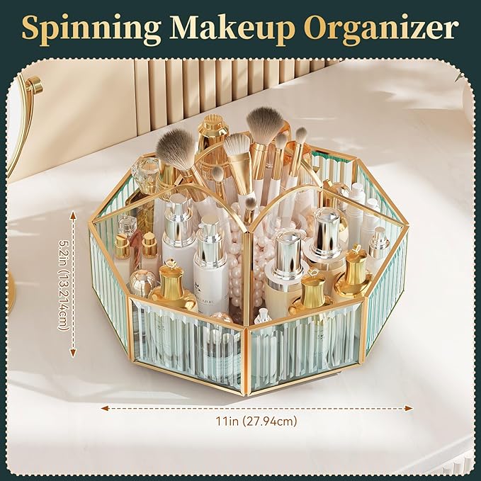 CoralHouse 360° Rotating Makeup Organizer Spinning Vanity Organizer with Makeup Brush Holder for Countertop, Bathroom Storage, Skincare, Perfume & Cosmetic Organizer for Vanity