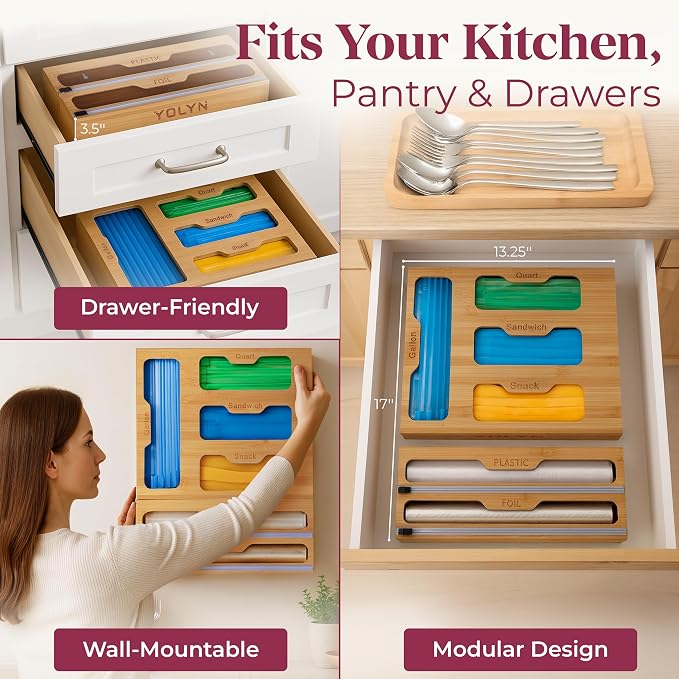 Bamboo Food Storage Bag Organizer for Drawer with Foil & Plastic Wrap Dispenser – 4 in 1 Premium Kitchen Drawer Organizer for Gallon, Quart & Sandwich Bags