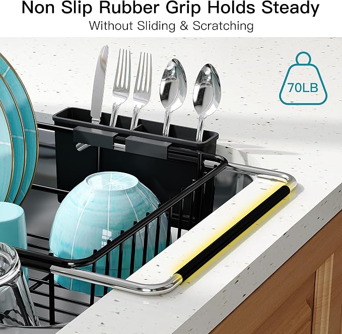 JASIWAY Black Dish Drying Rack in Sink, Dish Drainer with Utensil Holder | Over The Sink Expandable Stainless Steel Strainer Dryer Rack for Small Kitchen, Counter Space Saving, Fast Drain, Rustproof