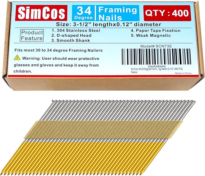 34-30 Degree Framing Nails,3-1/2 Inch, 400-Pack | 304 Stainless Steel, D Head, Smooth Shank, Paper Tape Strip, For 30 to 34 Degree Framing Nailer