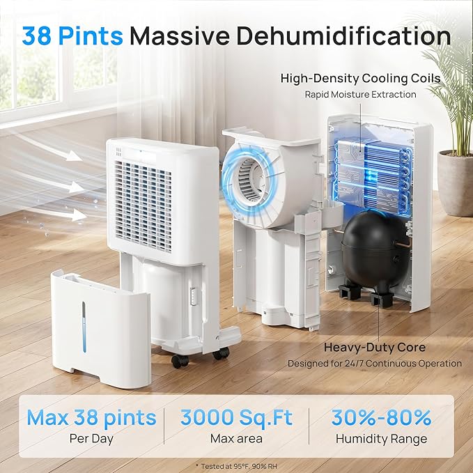 Uthfy 3000 Sq. Ft Dehumidifier for Basement, Max 38 Pint/Day Dehumidifier for Home with Drain Hose, 24H On/Off Timer, 3 Color Ambient Light, Child Lock,Auto Deforest, Quiet for Bedroom,Bathroom,Office
