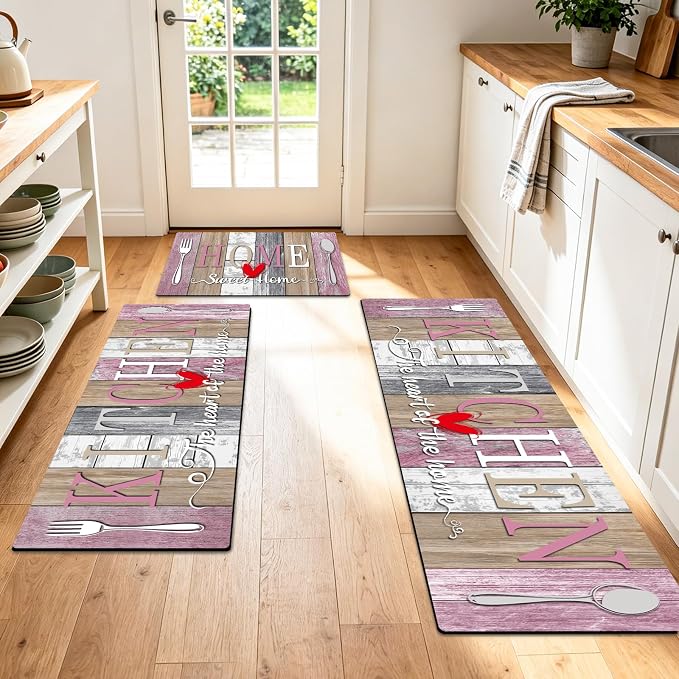 Kitchen Rugs Set 3 Piece, Non Slip Kitchen Mats for Floor, Soft Fabric with Rubber Backing, Farmhouse Anti Fatigue Runners Carpet for Home Kitchen Laundry Room Hallway (Rustic Pink & Grey)