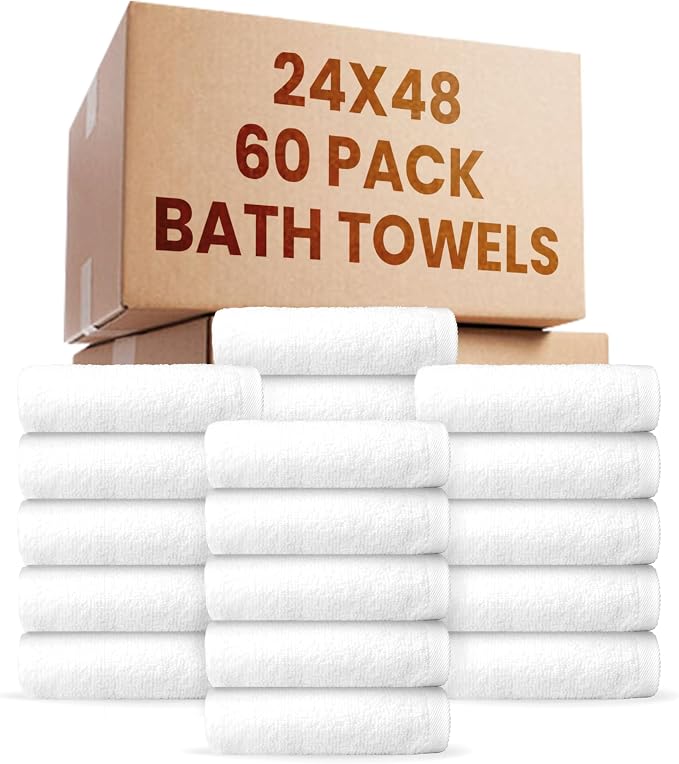 belem Fast Drying Hotel Towels - Pack of 60 (24x48) White Large Bath Towels Bulk - Lightweight, Super Absorbing, Soft & Durable Terry Towels for Commercial & Hotel Use - 8 lbs/Dozen (010603)