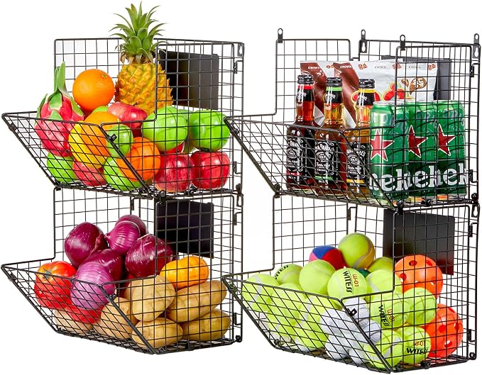 X-cosrack Metal Wire Basket Wall Mount, 4 Tier Extra Large Wall Storage Basket Organizer with Chalkboards, Kitchen Fruits and Vegetables Produce Bin Rack Toys Organizer Bathroom Tower Baskets (Black)