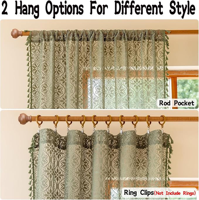 Sutuo Home Olive Green Boho Lace Curtains 2 Panels for Kitchen Kid's Room,Bohemian Floral Light Filtering Crochet Vintage Country Rustic Tassels Drape Privacy Window Treatments Rod Pocket, 50" x 63"