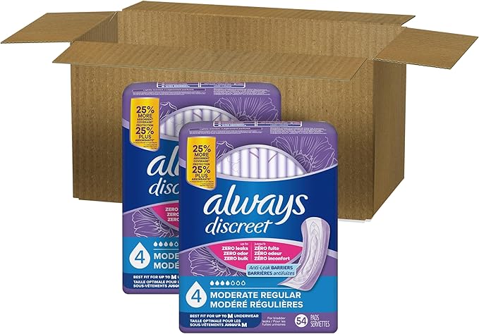 Always Discreet Adult Incontinence Pads for Women, Drier, 4 Drop Regular Length, Moderate Absorbency, Pads for Bladder Control Management, Bladder Leaks, & Postpartum Pads, 108ct