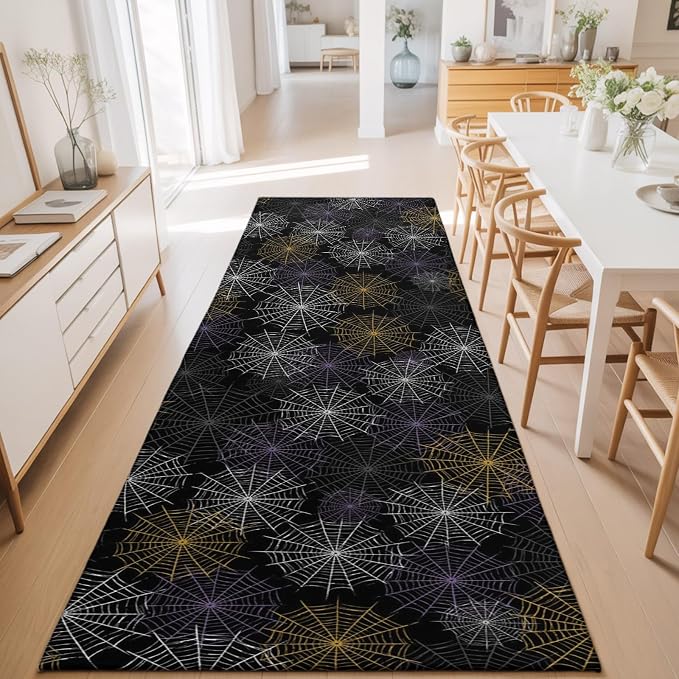 Hallway Runner Rug 2'x6', Black Halloween Washable Bathroom Area Rugs for Kitchen Bedroom Laundry, Purple White Yellow Net Classic Black Non Slip Door Mat Indoor Entrance Floor Throw Bedsides Carpet