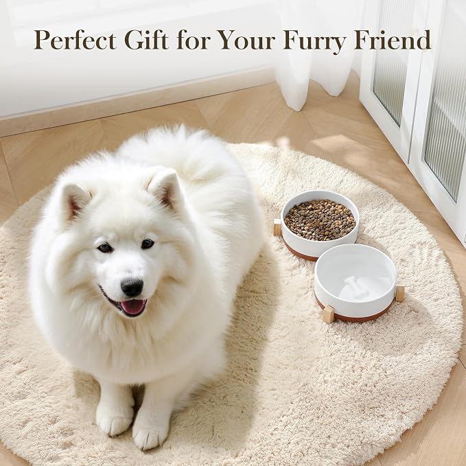 MALACASA Dog Bowls Set with Wooden Stand, 6 Cups Food Water Bowl Set for Medium to Large Size Dogs, Ceramic Pet Bowls with Weighted Non-Slip Base, Basic Bowls for Your Dog,58Oz