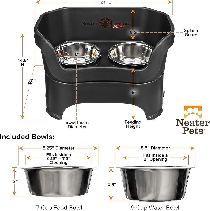 Neater Pet Brands Neater Feeder Deluxe Mess Proof Dog Bowls Elevated for Large Dogs Over 40 lbs, Made in USA, No Spill Raised Dog Food Bowl Stand Feeding Station, Food and Water Bowl Set, Black