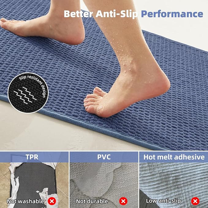 TYUU Bathroom Runner Rugs, Long Bath Mat Runner Washable Thin Quick Dry Low Pile Bathroom Runner Rugs Non Slip, Denim Blue 16"x60"