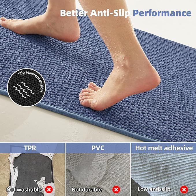 TYUU Bathroom Runner Rugs, Long Bath Mat Runner Washable Thin Quick Dry Low Pile Bathroom Runner Rugs Non Slip, Denim Blue 24"x70"