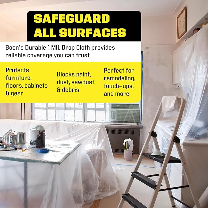 BOEN 9x12 Clear Plastic Drop Cloth – 24-Pack 1 Mil Painters Plastic Sheeting Roll – Waterproof Disposable Tarp for Painting, Furniture, Dust Protection & Window Insulation – Contractor-Grade Bulk Case