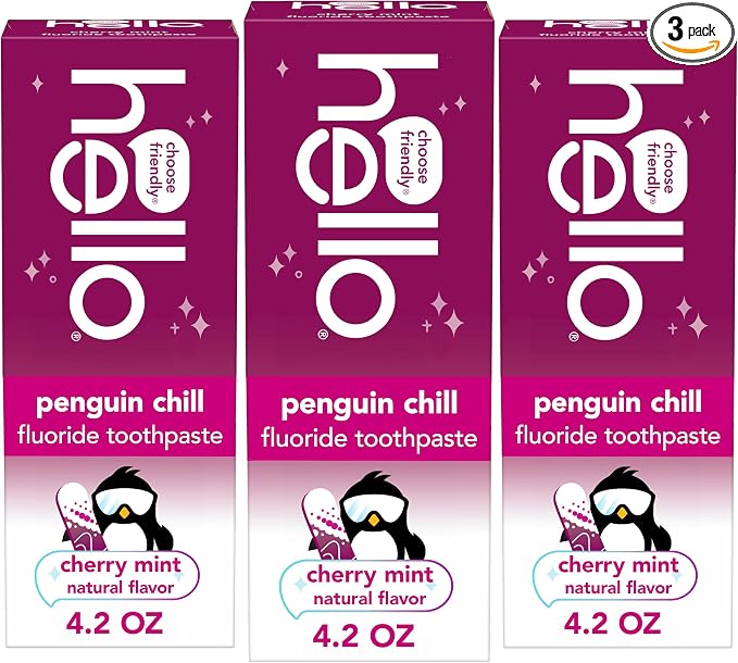 Hello Penguin Chill Kids Toothpaste with Fluoride, Kids Mint Toothpaste with Cherry Flavor, Freshens Breath and Helps Prevent Cavities, Strengthens Enamel, SLS Free, 4.2 oz Tube (Pack of 3) | Freshens Breath, Prevents Cavities, Strengthens Enamel, Tast...
