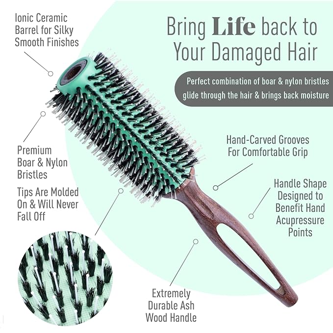 MINT Eco-Friendly Boar Bristle Round Brush for Blow Drying | Durable Blowout Styling for All Hair Types | Ceramic Round Brush with Hand-Crafted Wooden Handle (30 mm)