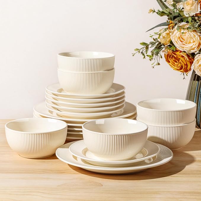 TheTerra Ceramic Dinnerware Sets for 6, 18 Pieces Porcelain Lightweight Plates and Bowls Sets, Scratch Resistant Dish Set, Oven, Microwave & Dishwasher Safe, Ivory