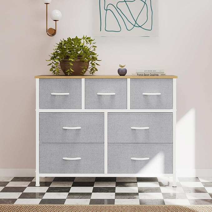 OLIXIS 7 Drawer Closet Organizer Chest, Fabric Storage Tower with Sturdy Steel Frame, Wooden Top & Easy Pull Fabric Bins, Dresser for Bedroom Living Room Entryway Clothes Organization, Light Gray