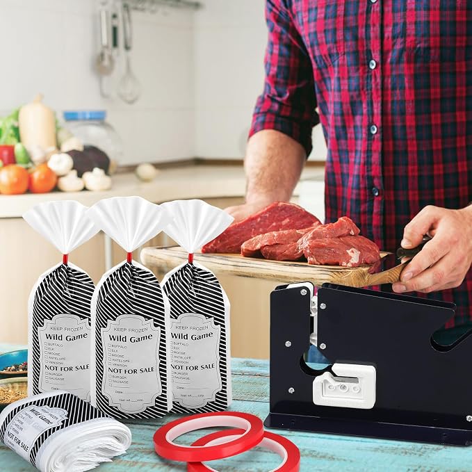 Funnymoom Meat Packaging Kit 500 Pcs Wild Game Freezer Bags, Steel Tape Sealer, 2 Rolls Sealing Tape, Stainless Steel Filling Tube for Meat Grinder Processing Supplies for Hunter Butcher(Black)