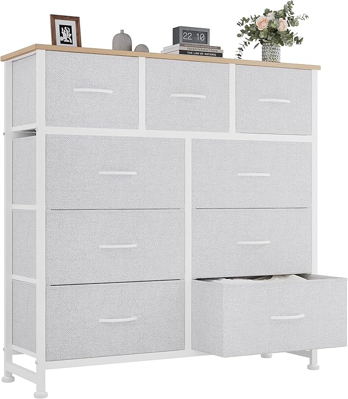 OLIXIS 9 Drawer Storage Dresser with Wood Top - Wide Fabric Chest Organizer for Bedroom, Closet, Living Room,Tower Cabinet, TV Stand, Hallway Entryway Furniture,Light Grey