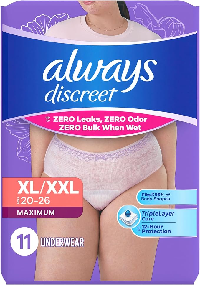 Always Discreet Reimagined Adult Diapers for Women, Maximum Absorbency Incontinence and Postpartum Underwear Size XL/XXL, Up to 100% Leak Free Bladder Leak Protection, 11 Count