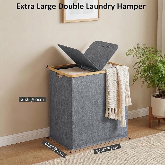 efluky Laundry Hamper with Lid, Double Laundry Basket with 2 Removable Bags, 2 Section Laundry Bin with Bamboo Handles for Bathroom, Bedroom & Laundry Room, 140L (36.9 Gallon) Blue Grey