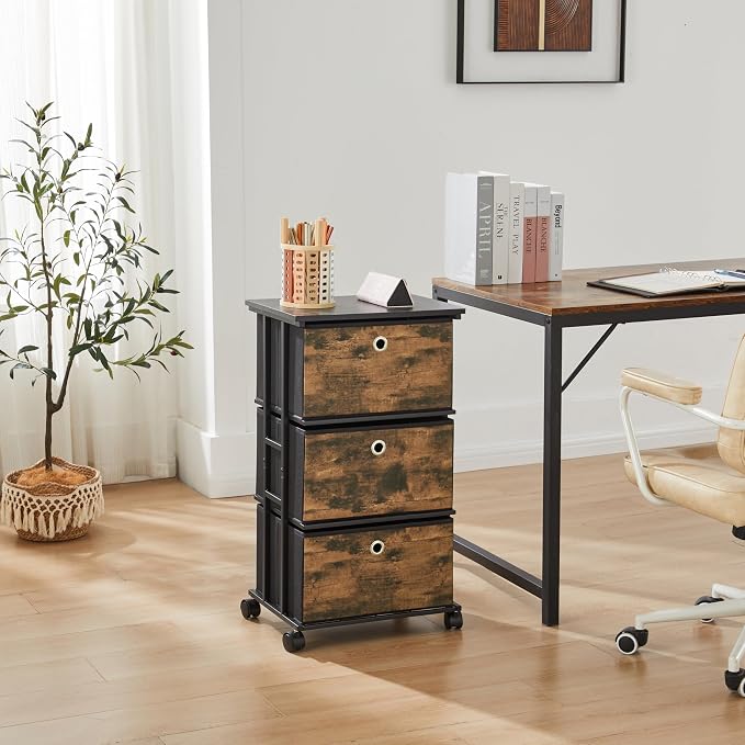 MAX Houser Dresser Storage with 3 Drawers, Fabric Tower Nightstand, Chest of Drawers,Vertical Storage Unit Organizer for Closets,Bedroom,Dorm, Wood Top, Rustic Brown Wood Grain Print