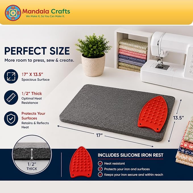 Mandala Crafts 17×13.5 Inch 100% New Zealand Wool Pressing Mat Ironing Pad | Portable, Thick, with Bag, Heat Resistant, Iron Board Alternative, for Sewing, Quilting, Embroidery, Any Surface